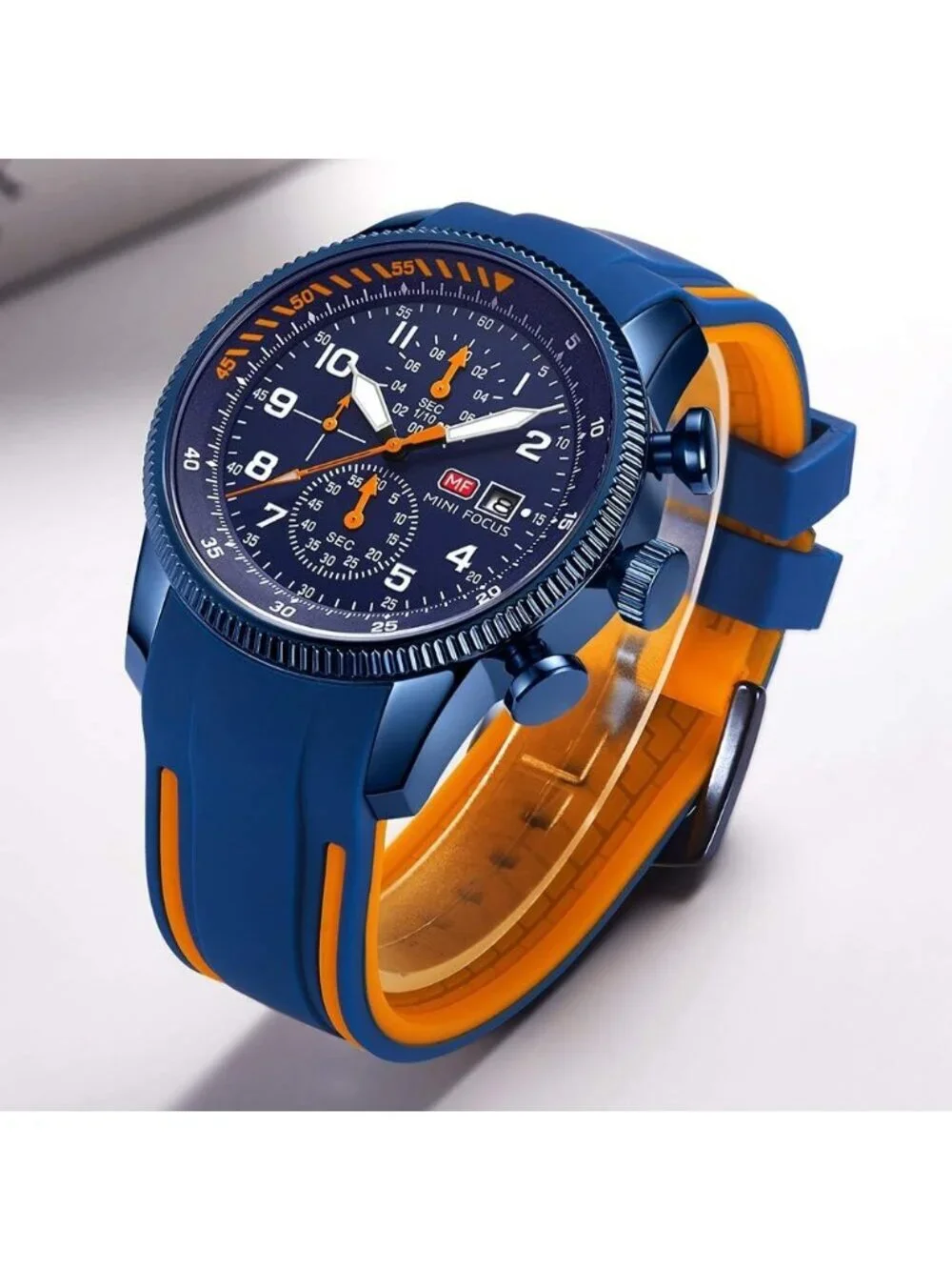 Men's Blue And Orange Analog Quartz Waterproof Chronograph Stylish Casual Watch